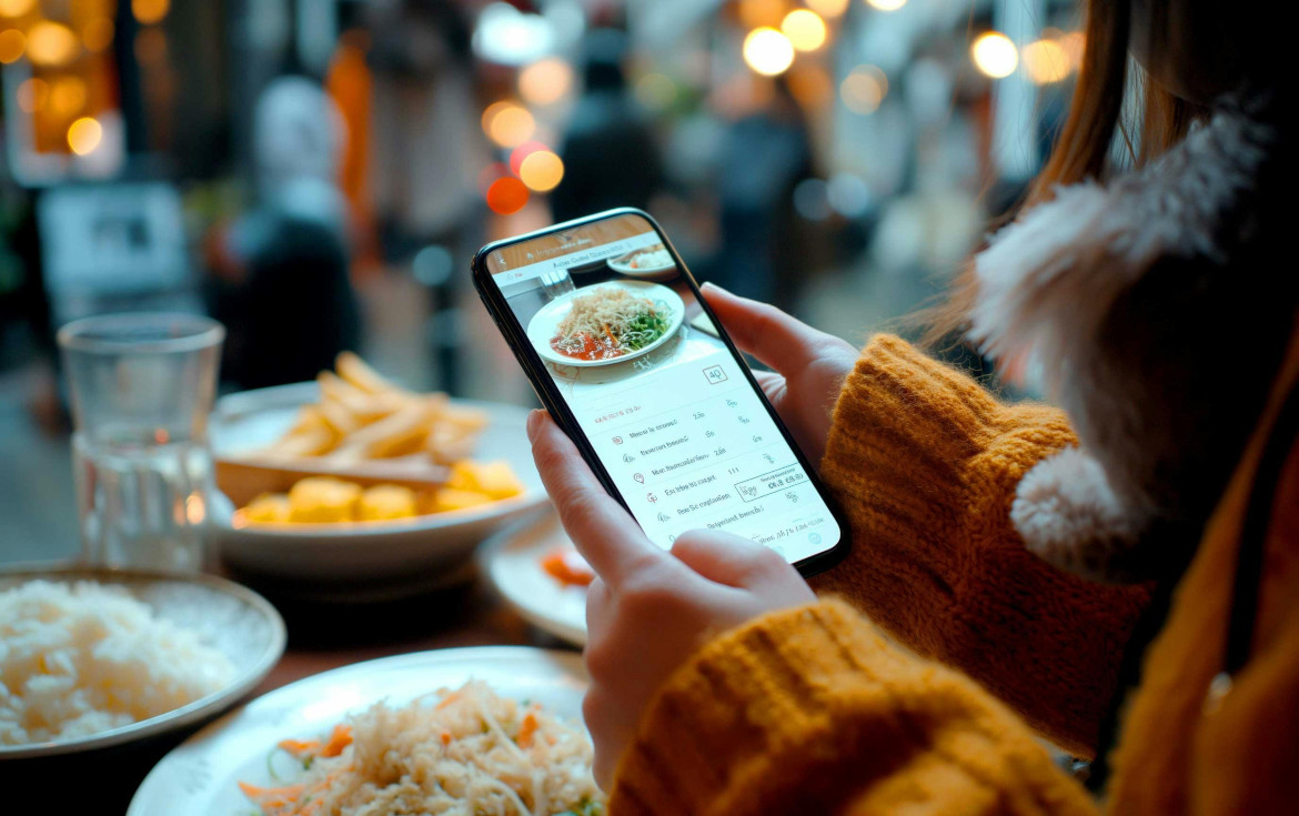 Person nutzt eine Food-App im Restaurant zur digitalen Auswahl von Speisen