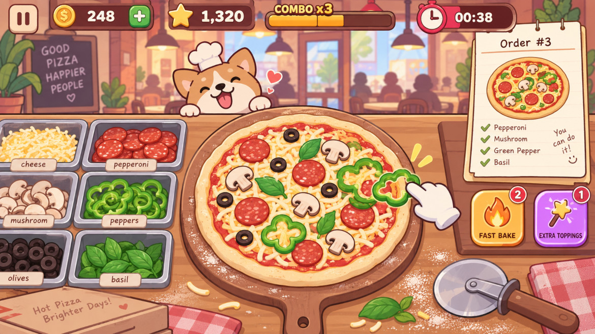 Fantasie-Pizzaspiel mit Pizza, Zutaten und spielerischer Kochoberfläche
